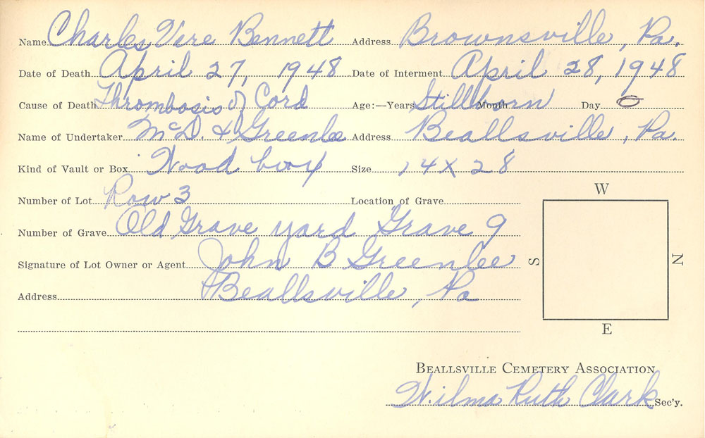 Charles Bere Bennett  burial card